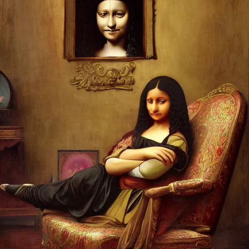 Image similar to Monalisa is sitting on her living room couch. She is dressed casually and is watching TV, Regal, Realistic, Refined, Detailed Digital Art, Josephine wall, Oil Painting, William-Adolphe Bouguereau, Art Frahm, Esao Andrews, Steampunk, Walt Disney (1937), Highly Detailed, Cinematic Lighting, Unreal Engine, 8k, HD