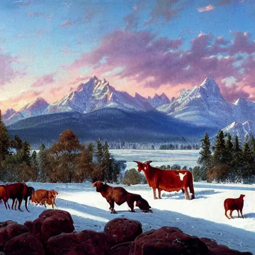 Prompt: an extremely detailed matte painting of a rancher feeding the animals at sunrise on the first day of spring, huge rocky mountains in the background, tall rancher wearing a cowboy hat, dogs, cows, sheep, chickens, ducks, 4 k, ranch the morning after a light snowfall, by bob ross and norman rockwell