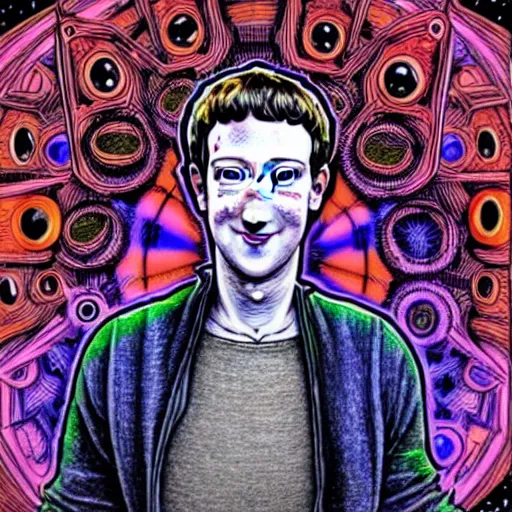 Image similar to the inner self of mark zuckerberg, clockwork engine, psychedelic, lsd, spiritual, mystical, epic beautifully detailed pen, ink and copic markers drawing by milo manara