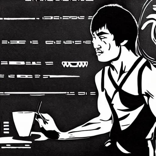 Prompt: bruce lee as a barista working in starbucks digital art