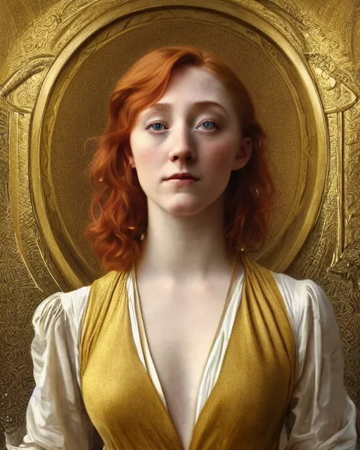 Image similar to realistic art nouveau oil painting of redheaded young saoirse ronan or redheaded millie bobby brown wearing a reflective gold dress, highly detailed, intricate, elegant, digital painting, smooth, sharp focus, illustration, ultra realistic, 8 k, by bouguereau, alphonse mucha, artgerm, and donato giancola