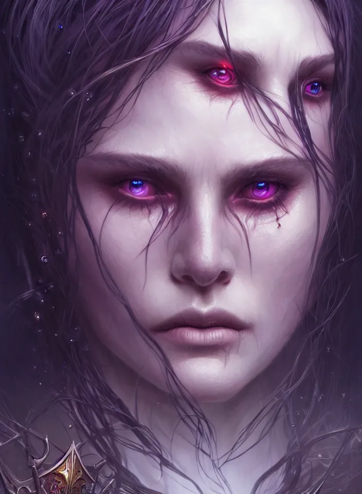 Image similar to Necromancer Sorceress face close-up macro in center, fantasy magic, undercut hairstyle, dark light night, intricate, elegant, sharp focus, illustration, highly detailed, digital painting, concept art, matte, art by WLOP and Artgerm and Greg Rutkowski and Alphonse Mucha, masterpiece