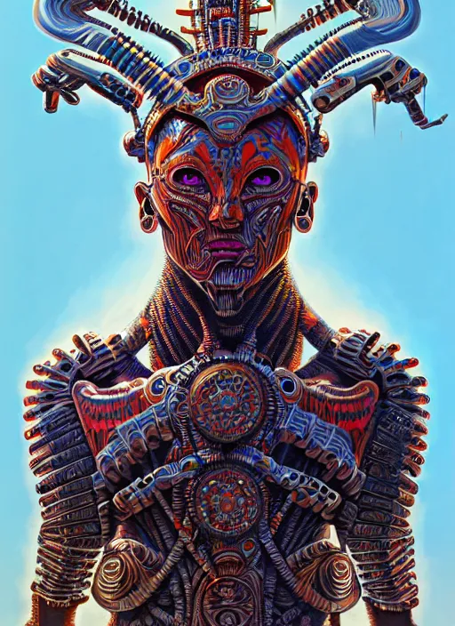 Image similar to hyper detailed ultra sharp of a aztec biomechanical warrior trance man. trending on artstation, warpaint aesthetic, earthwave, colorful, psychedelic, ornate, intricate, digital painting, concept art, smooth, sharp focus, illustration, art by artgerm and greg rutkowski and h. r. giger, 8 k