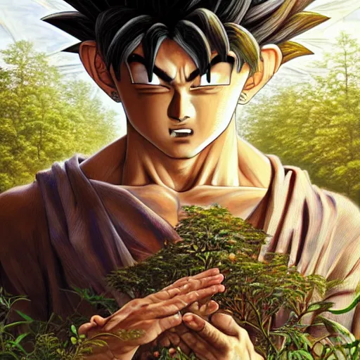 Prompt: intricate detailed portrait painting of goku on a beautiful forest meadow, temple ruins surrounded by lush forest, afternoon, intricate, elegant, highly detailed, digital painting, sharp, focus, illustration art by artgerm and greg rutkowski and alphonse mucha