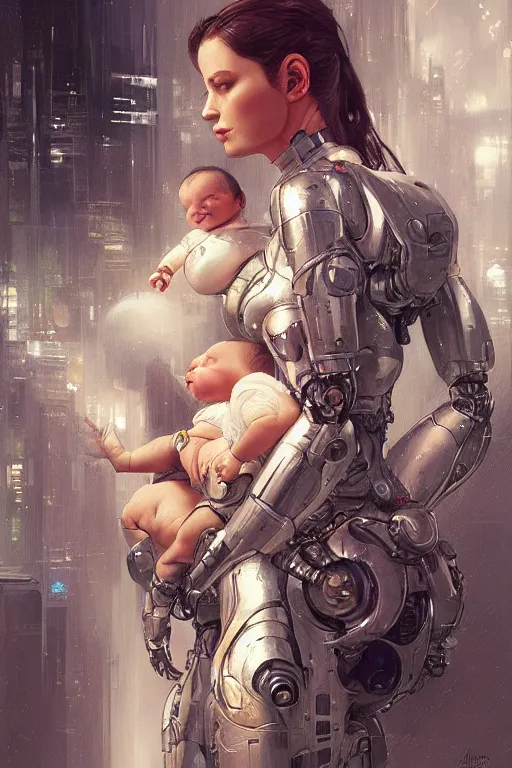 Image similar to Ultra realistic illustration, robot woman carrying baby with eyes closed, cyberpunk, sci-fi, fantasy, intricate, elegant, highly detailed, digital painting, artstation, concept art, smooth, sharp focus, illustration, art by artgerm and greg rutkowski and alphonse mucha