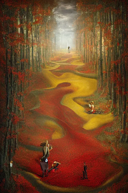 Image similar to immaculate painting of A Beautiful fine detailed gold and red and black Forest Illusion by erik johansson micro detailing