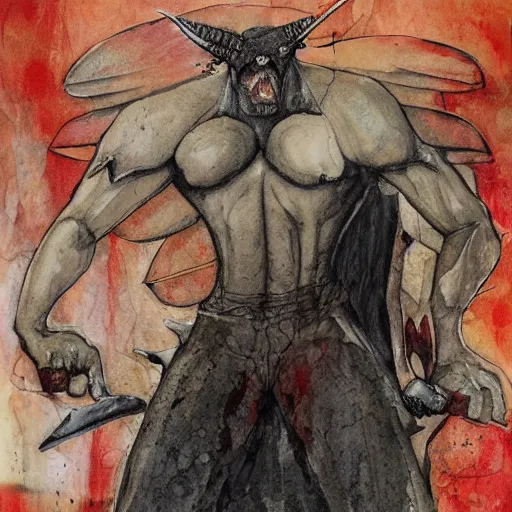 Prompt: comic strip loose, subtle by paul lovering. mixed media art. a large, muscular demon - like creature with wings, standing in a dark, hellish landscape. the creature has red eyes & sharp teeth, & is holding a large sword in one hand.