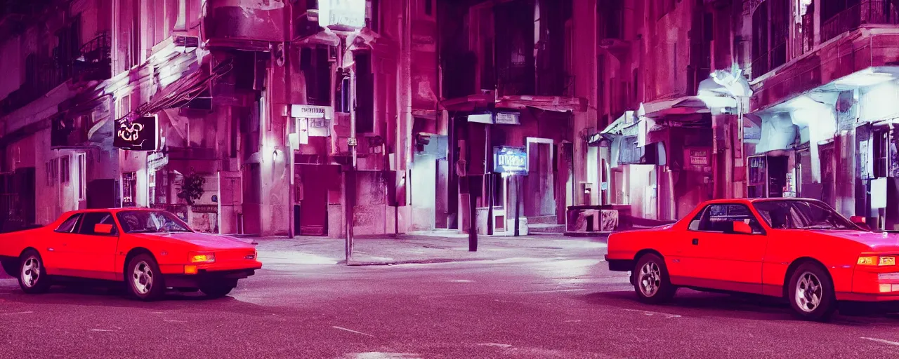 Prompt: 80s red sports car, parked on deserted city street at night time, purple lighted street, retrowave vibes, grainy, soft motion blur, VHS Screencap
