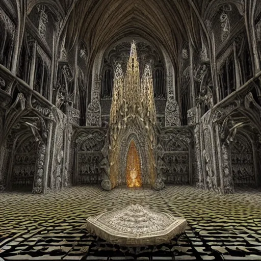 Prompt: a hyperrealistic 3 d render of a sprawling fractal cathedral interior populated by mandelbrot fractals, unreal engine, carved ivory, carved soap, white color scheme, physically based render, volumetric lighting, octane render, glowing, carved marble, opalescent, sacred geometry, catholicpunk, stark, 8 k, ultra detailed