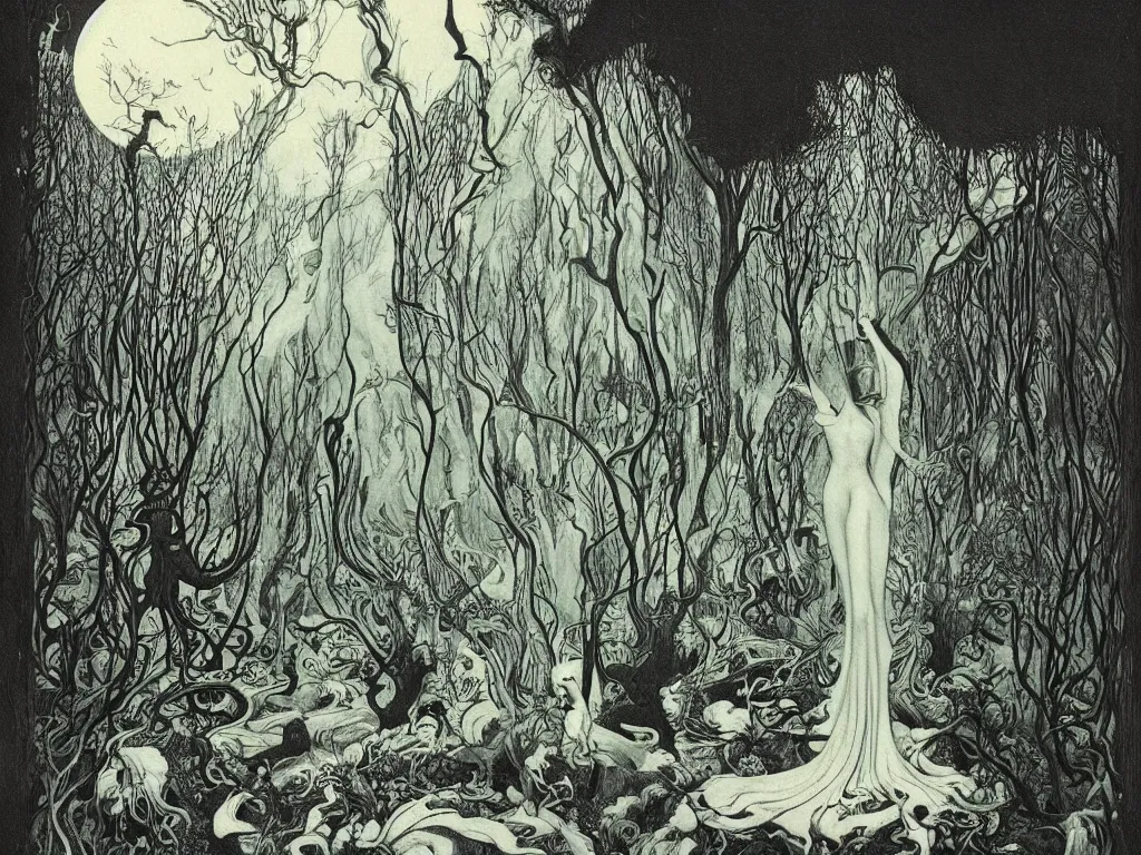 Image similar to illustration forest, artstation, by aubrey beardsley, by caspar david friedrich, by laurie lipton, by kay nielsen, by ivan shishkin, calligraphy, divine, paradox, mycelium, as symbol of soul - journey!, terrifying wilderness, witchcraft!, hope