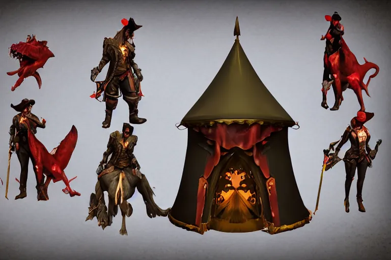 Image similar to 3d sculpt of a dark fantasy gothic circus tent, artstaton, League of Legends, red dead redemption2, overwatch, digital illustration