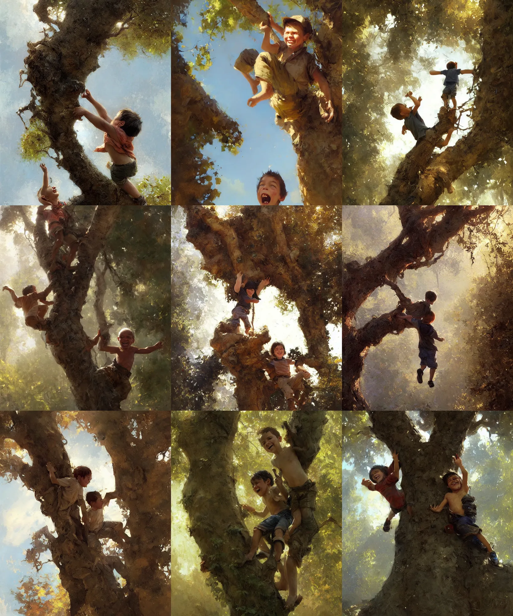 Prompt: digital art painting of a happy young boy climbing a tree by craig mullins and gaston bussiere and greg rutkowski, symmetrical face, defined facial features, symmetrical facial features, dramatic lighting, close up