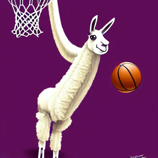 Image similar to a llama dunking a basketball, 4 k, digital art, high resolution, trending on artstation