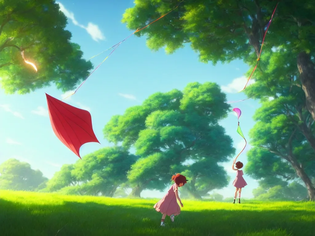 Prompt: a wholesome key shot of a girl reaching to get his kite that is stucked up in a tree, point of view is the kite that is above the tree, studio ghibli, pixar and disney animation, sharp, rendered in unreal engine 5, anime key art by greg rutkowski, full bloom, vibrant lighting