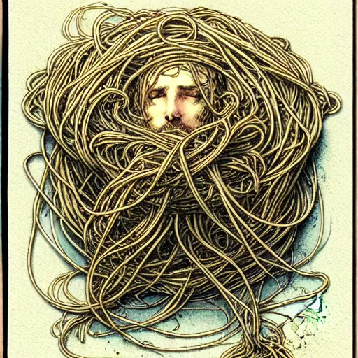 Prompt: design, human flying spaghetti monster, borders, lines, decorations, muted colors, by jean - baptiste monge