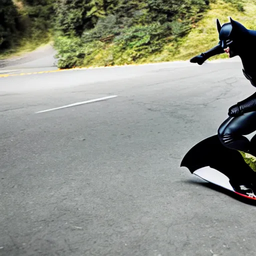 Prompt: batman riding downhill longboard, sliding, photo