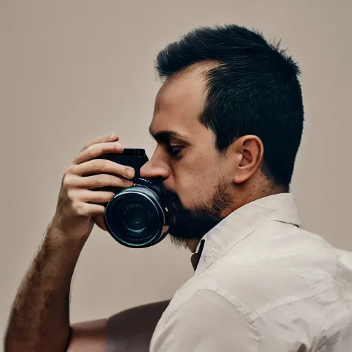 Image similar to stunning commercial self portrait of the photgrapher with his camera, muted colors, beautiful composition, 85mm f1.8