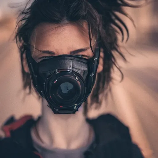 Image similar to photograph of a techwear woman, closeup, on a desert road with a futuristic city in the horizon, sigma 85mm f/1.4, 4k, depth of field, high resolution, 4k, 8k, hd, full color