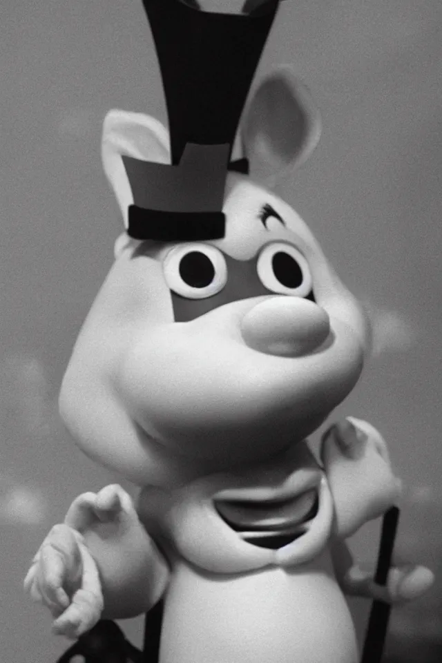Image similar to porky pig wearing a crown, cinematic lighting, film still