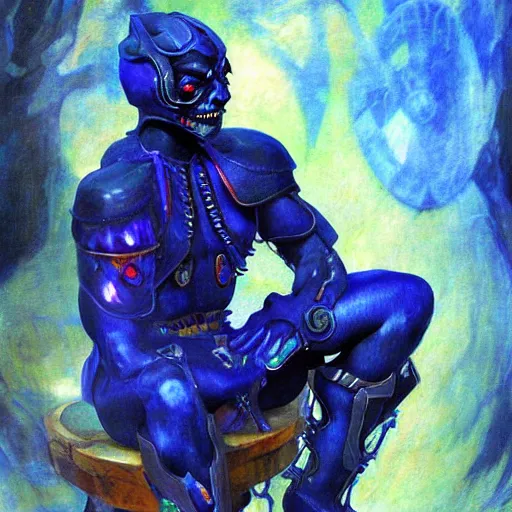 Image similar to hi - tech version of blue demon seated by vrubel, with hi - tech singularity body interface. highly detailed fantasy science fiction painting. rich colors, high contrast. artstation