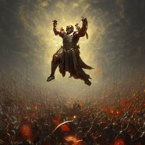 Image similar to artstation concept of a man in armor standing in a crowd gettig cheered, man with arms wide open, bright colorful, gold, hyperdetailed, artstation trending, world renowned artists, worth 1 0 0 0. com, historic artworks society, antique renewel, cgsociety, by greg rutkowski, by gustave dore, deviantart