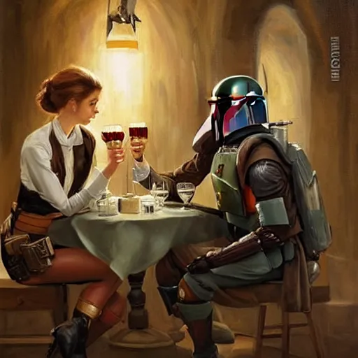 Prompt: Boba Fett and a beautiful young blonde drinking beer in a wine cellar, food, meat, schnapps, torches on the wall, romantic, inviting, cozy, painting by Vladimir Volegov