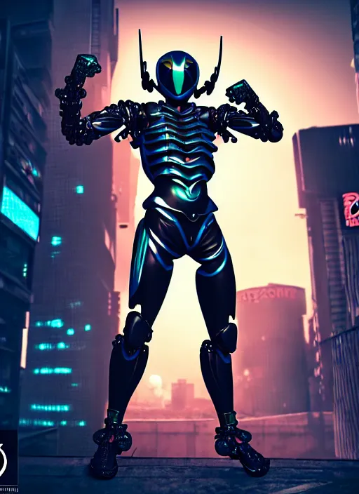 Image similar to kamen rider action pose, human structure concept art, human anatomy, full body hero, intricate detail, hyperrealistic art and illustration by irakli nadar and alexandre ferra, global illumination, on tokyo cyberpunk night rooftop, frostbite engine