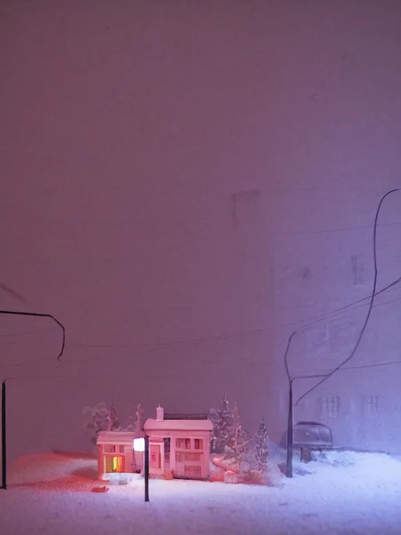 Image similar to small diorama a soviet residential building, pink volumetric lights are on in the windows, dark night, two man fighting for bottle of vodka on yard in front of building, cozy atmosphere, fog, cold winter, snowing, streetlamps with orange volumetric light, birches nearby,