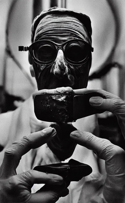 Prompt: kodak portra 4 0 0, wetplate, narrow shot, award - winning black and white portrait by britt marling of claude rains in the 1 9 3 3 film the invisible man with hat wrapped face in bandages monster taking a selfie with old iphone in a stone lab, creepy, universal horror movie,