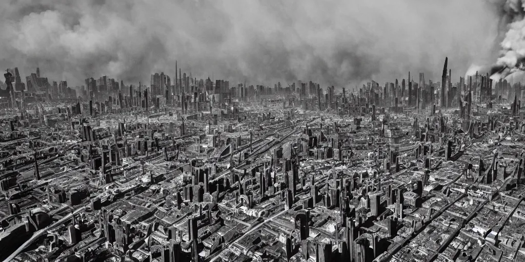 Prompt: dieselpunk city skyline, huge fires everywhere, aerial view, wide shot, 120 black and white film