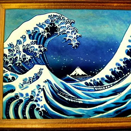 Image similar to a beautiful impasto oil painting of the great wave painted by claude monet!!, impressionism!