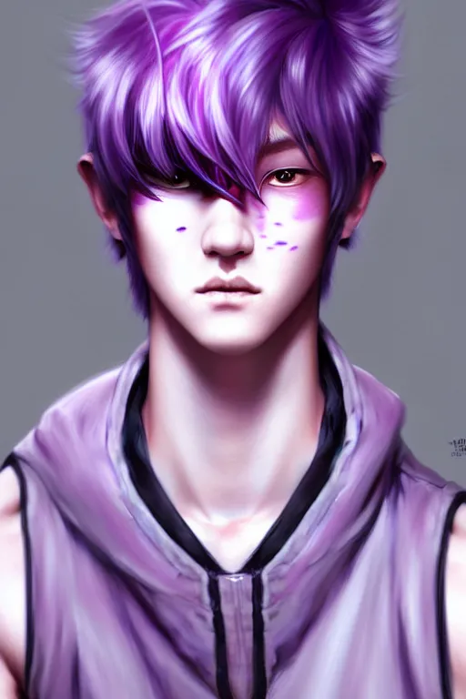 Image similar to gorgeous!!! hyper - realistic teenager boy with purple hair, purple eyes with red eye markets, slim body, wearing combat japanese clothes, holding a fan | drawn by wlop, drawn by jeehyung lee, drawn by artgerm | intricate, highly detailed, digital painting, character design, concept art, illustration, artstation