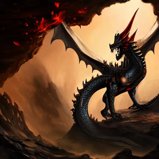 Image similar to fantasy black dragon living in huge cave, lots of details, fire breath, trending on artstation
