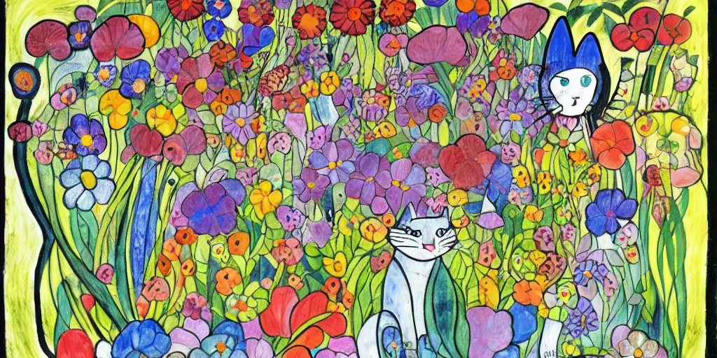 Image similar to cat playing in a garden of flowers, a mix media painting by laurel burch and Leonardo da Vinci and Natalia Goncharova, cluttered , child's drawing, art by Studio Ghibli, anime, thick black lineart