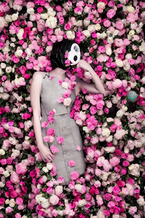 Image similar to a surreal portrait of a woman wearing gas mask blending into a wall of flowers in the style of brooke didonato, editorial fashion photography from vogue magazine, full shot, nikon d 8 1 0, ƒ / 2. 5, focal length : 8 5. 0 mm, exposure time : 1 / 8 0 0, iso : 2 0 0