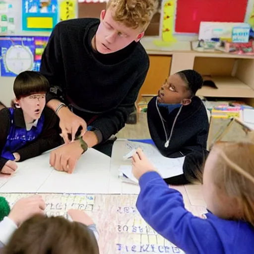 Image similar to 2000s photograph of Swedish rapper and singer Bladee teaching advance trigonometry to a group of 5 year old children in an elementary school-W 910