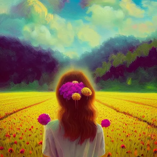 Image similar to girl with a gargantuan flower as a face, surreal photography, dream, standing in flower field, hills, big trees, sunrise dramatic light, impressionist painting, colorful clouds, digital painting, pointillism, artstation, simon stalenhag, flower face