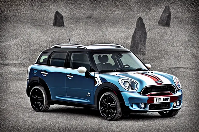 Image similar to “Poster of Mini Cooper Countryman Hybrid in the middle of viking battle. Retro style.”