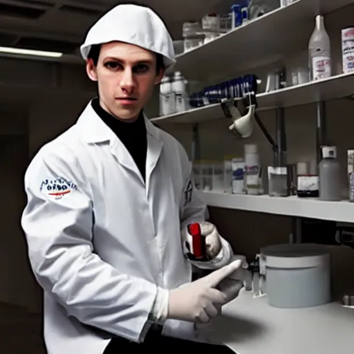 Prompt: an evil chemist in a white coat with a knife