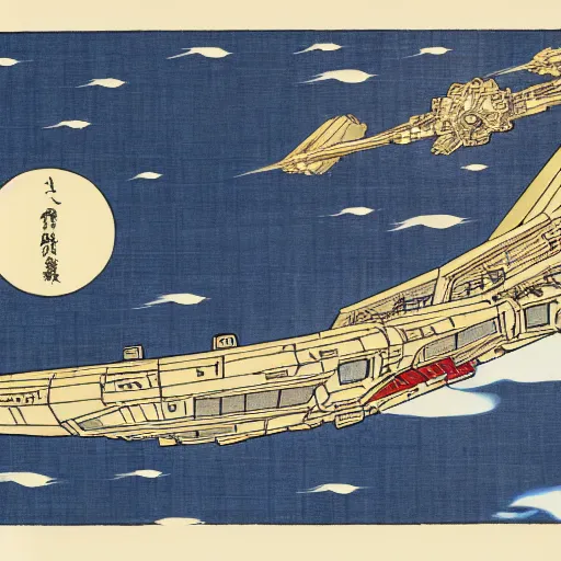 Image similar to millennium falcon attacking new york in the style of ukiyo - e