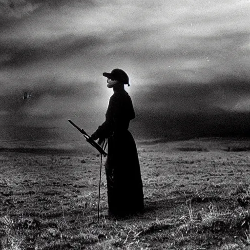 Prompt: pastoral eerie. a woman has a rifle. there are ravens in the sky. folk horror. realistic. moody. dreamy