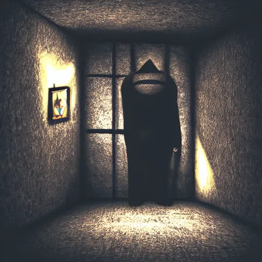 Image similar to dark attic with the man with a doll head, dark ,night, 3D, videogame