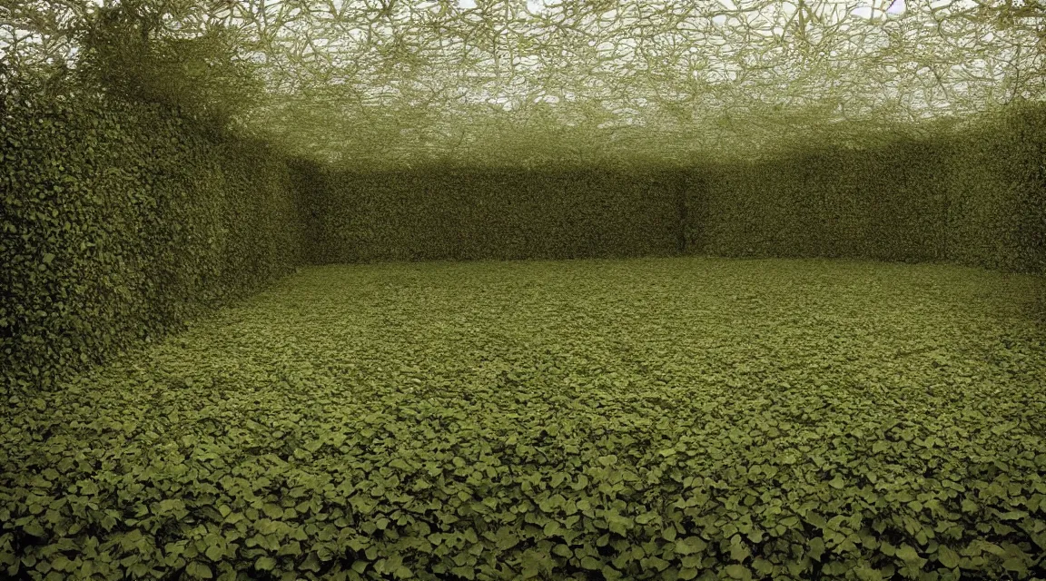 Image similar to stunningly beautiful large format photo of an empty room, one wall opens to psychedelic overgrown alien garden, by jeff wall, 10k