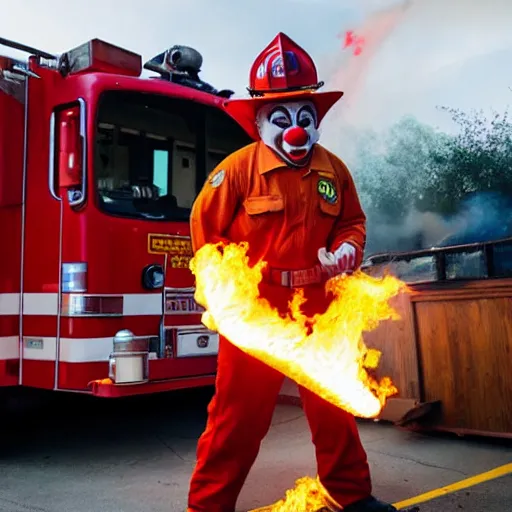 Image similar to a clown wearing firefighter clothes, using a flamethrower projecting a bright flame towards a dumpster fire