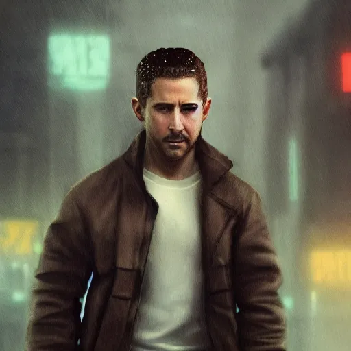 Image similar to epic digital matte paining shia labeouf in blade runner 2 0 4 9 by jama jurabaev and denis villeneuve, extremely detailed, artstation