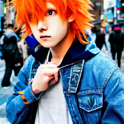 Image similar to orange - haired anime boy, 1 7 - year - old anime boy with wild spiky hair, wearing blue jacket, shibuya street, bright sunshine, strong lighting, strong shadows, vivid hues, sharp details, subsurface scattering, intricate details, hd anime, anime movie, 2 0 2 1 anime