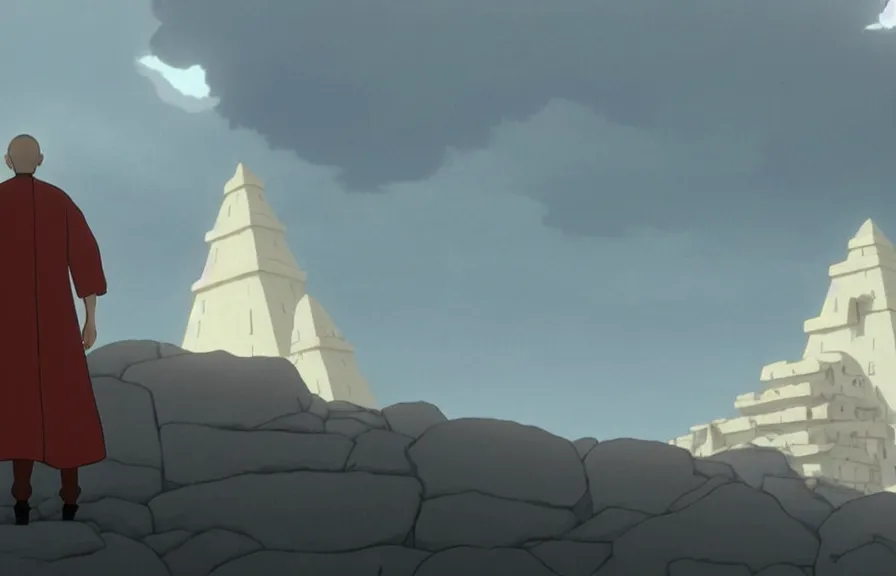 Image similar to a cell - shaded cartoon movie still from howl's moving castle ( 2 0 0 4 ) of a monk in a grey robe. in the background is a white pyramid with a golden capstone in the ocean. shafts of sunlight come from above. wide shot, very dull muted colors, hd, 4 k, hq