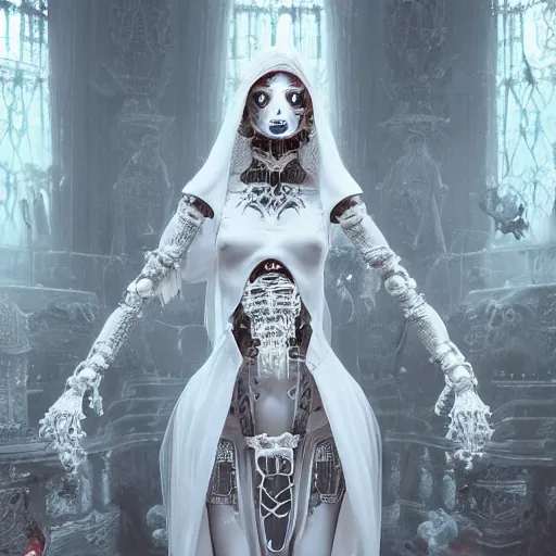 Prompt: female gothic robots with heart human organ, dressed in white intricate lace, veils and jewels, epic environment, matte painting, diffused lighting, highly detailed, cinematic, epic atmosphere, digital art, trending on artstation, wide angle