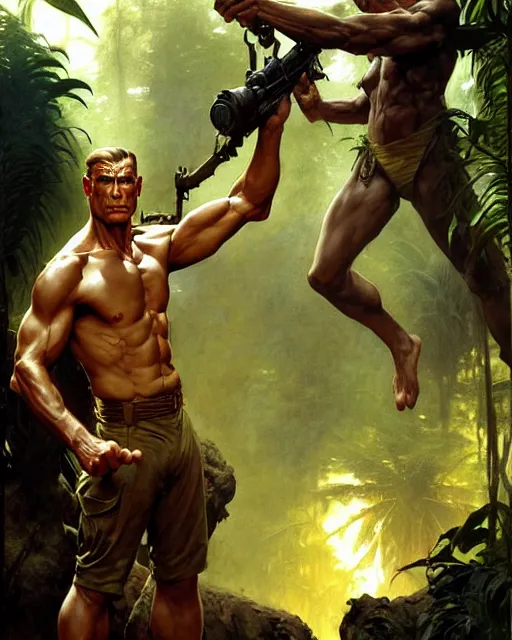 Prompt: doc savage in the jungle, fantasy character portrait, ultra realistic, concept art, intricate details, highly detailed by frank frazetta greg rutkowski, gaston bussiere, craig mullins, simon bisley ruan jia and mandy jurgens and artgerm and william - adolphe bouguereau and frank frazetta