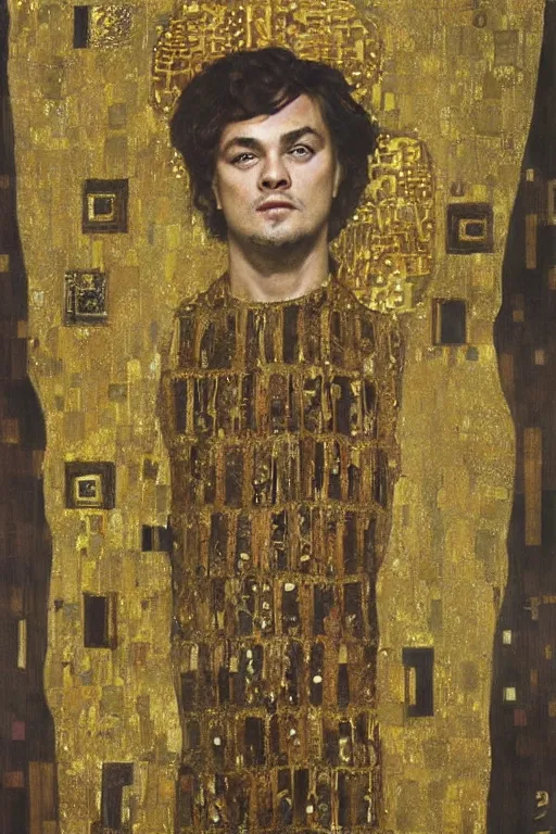 Image similar to ”Leonardo di Caprio as Gatsby”, Gustav Klimt (1901), oil and gold leaf